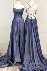 Glitter A Line Sequin Semi Formal Prom Dresses Corss Back With Split